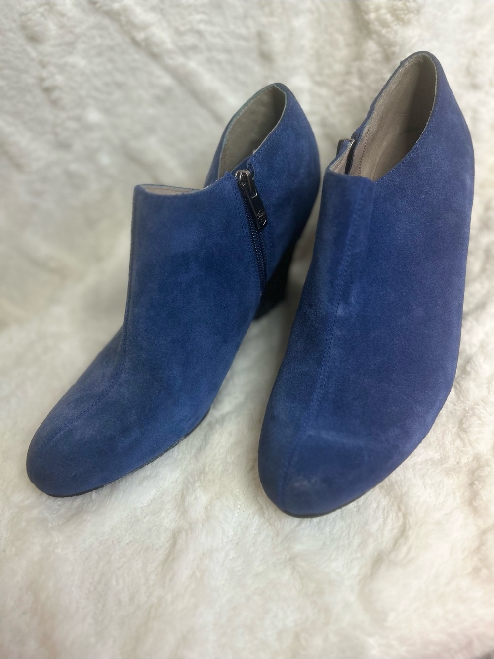 Vince Camuto Blue Suede Wedge Ankle Booties with Side Zip